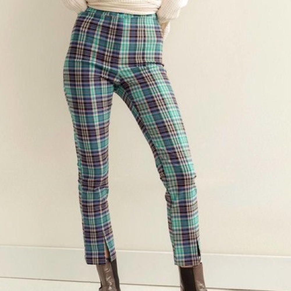 Urban Outfitters Teal Tessa Plaid Notched Cropped High-Waisted Pant